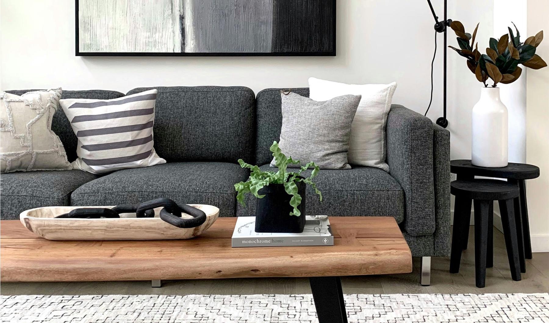 a couch with a coffee table with a plant and decor on it